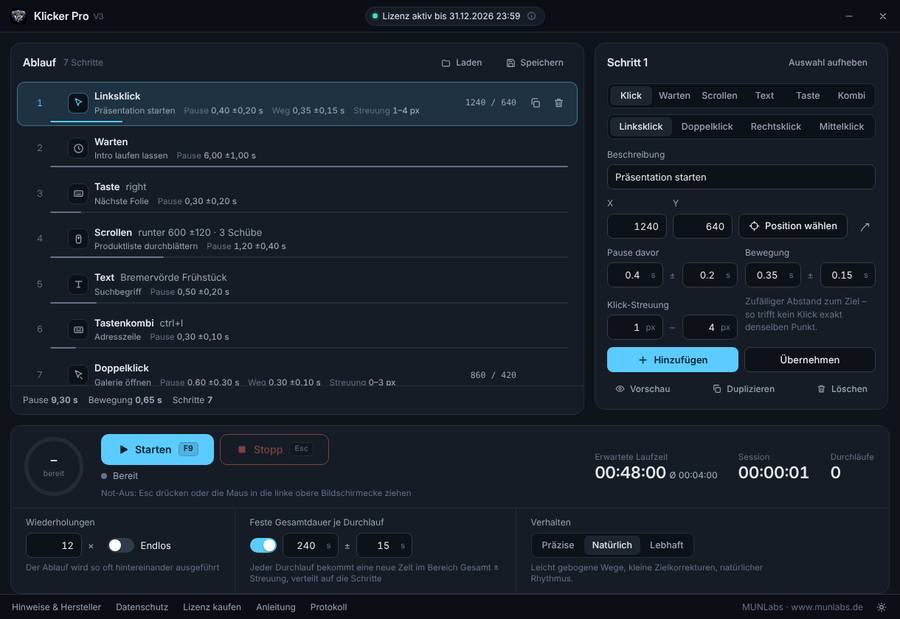 Klicker Pro: Ablaufliste, Schritt-Editor und Steuerung