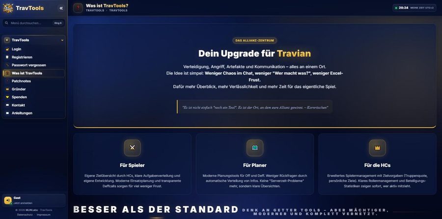 TravTools: Menü und Startseite „Was ist TravTools?“